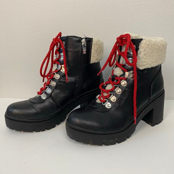 Nine West Quimbie 3 Heeled Sherpa Hiker Boots Leather Zip Red Laces Size 6M - Picture 5 of 9
